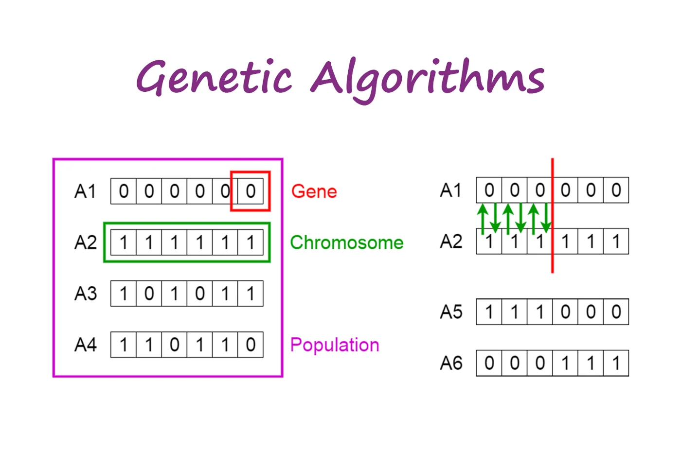 유전 알고리즘의 작동 원리를 설명하는 도식 그림. 'Genetic algorithm'이라는 영문 제목이 적혀 있다.