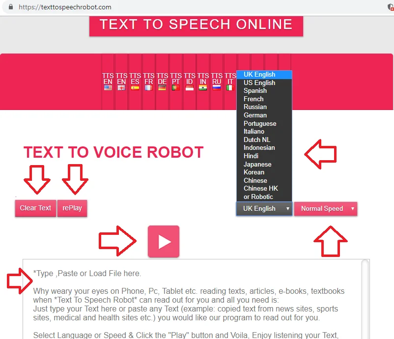 'Web Based Service For Text To Speech'라는 문구가 적힌 텍스트 음성 변환(TTS) 서비스 안내 그래픽. 여러 언어로 자연스러운 음성을 낸다는 설명이 함께 있다.