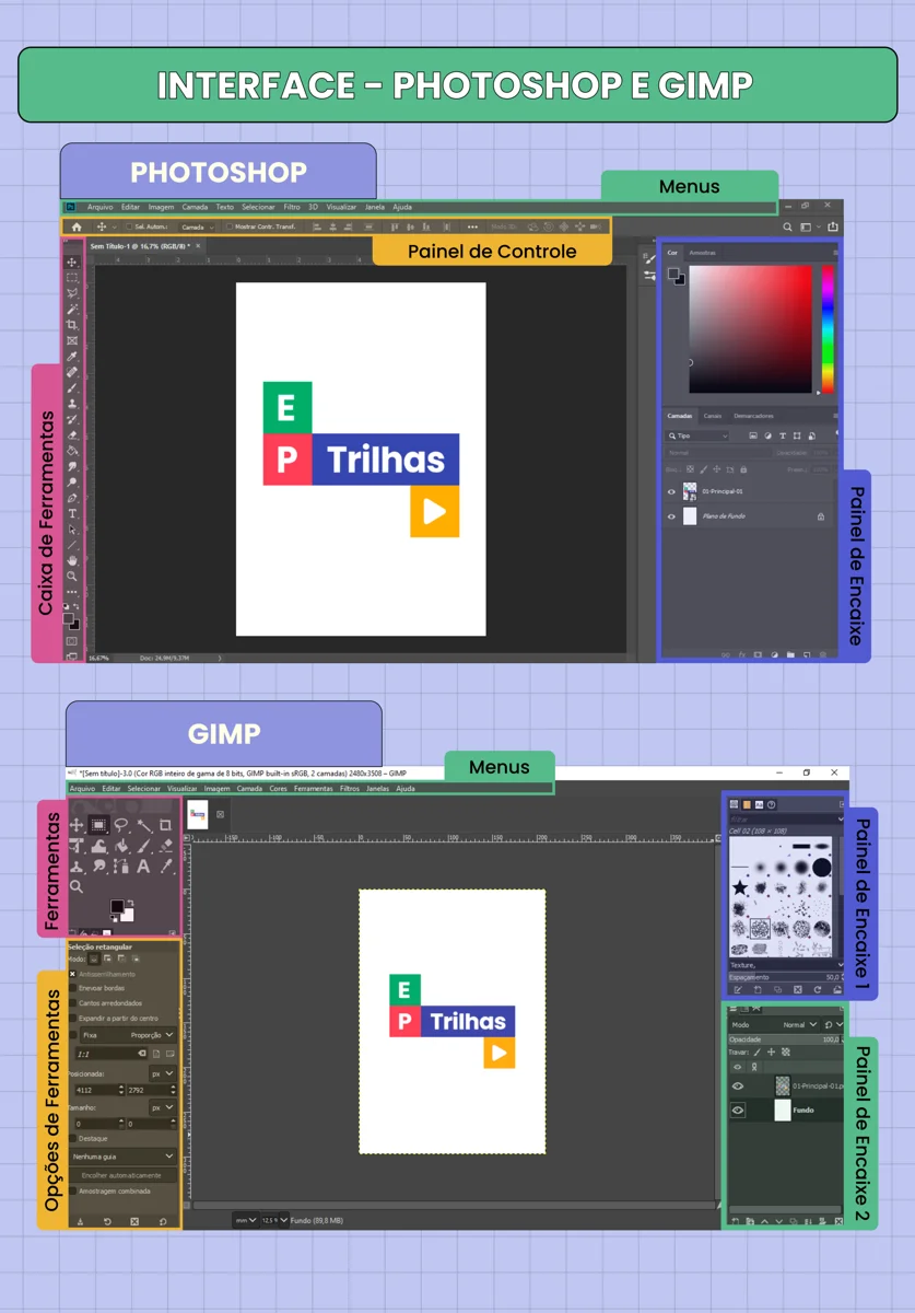 Adobe Photoshop과 GIMP 편집 프로그램의 사용자 인터페이스를 보여 주는 화면 이미지.