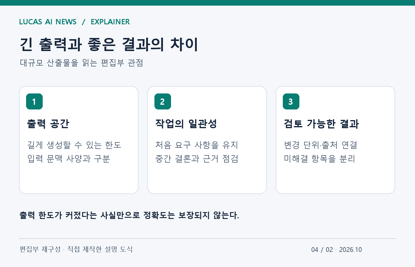 긴 출력과 좋은 결과의 차이. 출력 공간, 작업의 일관성, 검토 가능한 결과